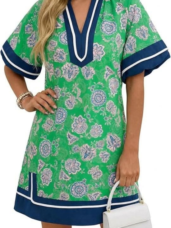 wenrine Dresses & Skirts - Women's Green Floral Mini Dress with Navy Trim